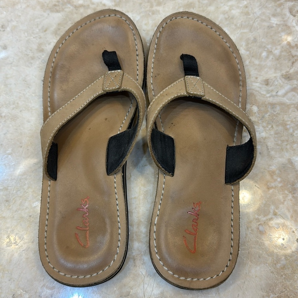 Clark’s tan flip flaps, size 9 M, gently used.